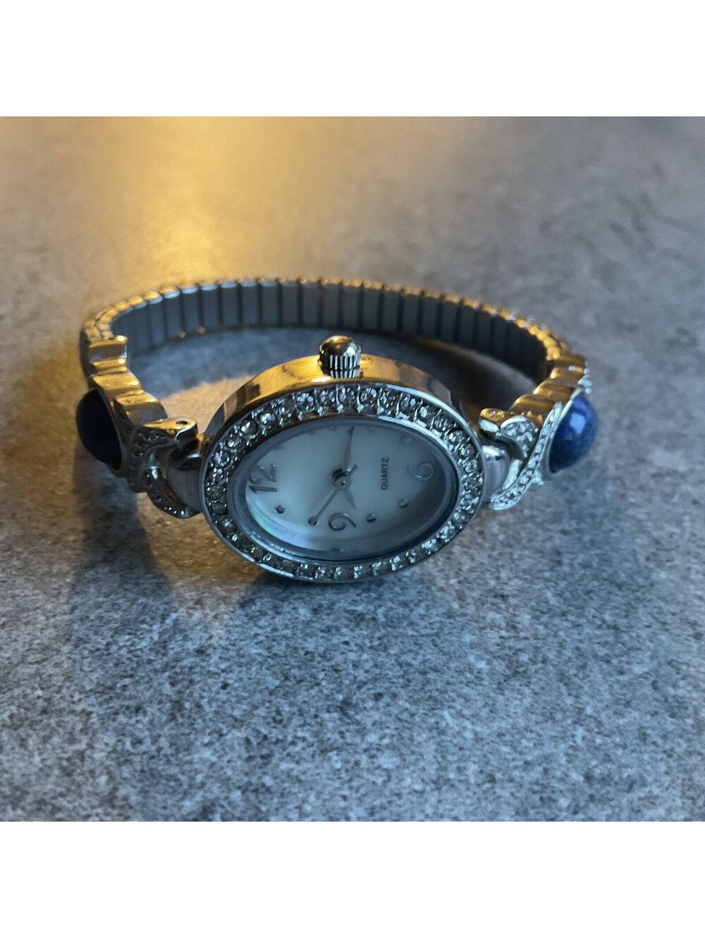 Beautiful Vintage Womens Watch 20mm Silver Tone Case & Band W/Crystal Accents BW